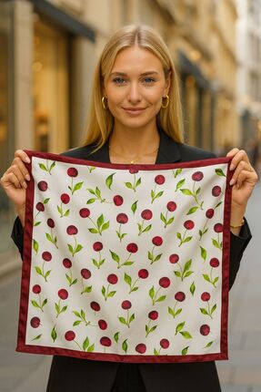 Axesoire 15326 Kiraz Desenli Kırmızı Beyaz Saten Bandana Fular 50x50 cm