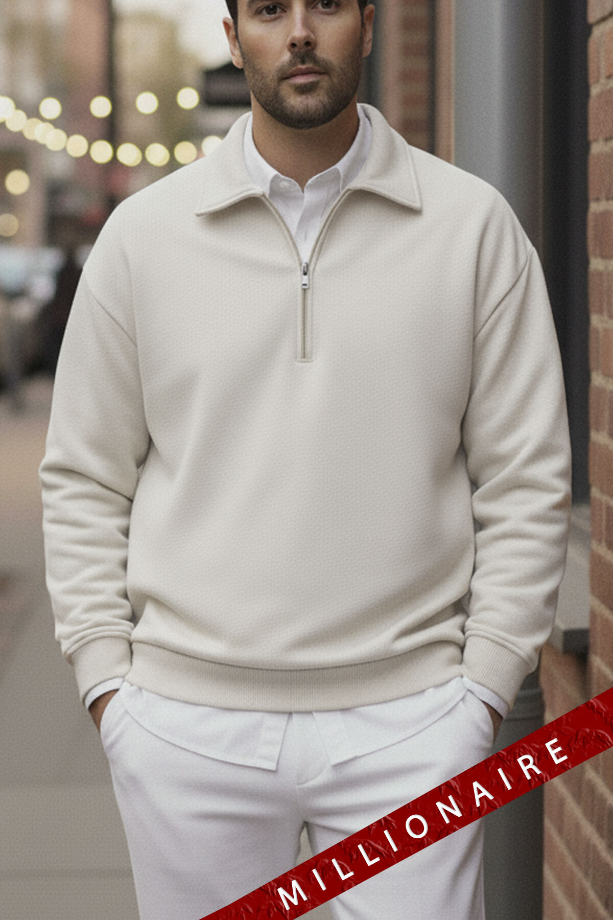 Millionaire  Erkek Ekru Kırık Beyaz Yarım Fermuar Polo Yaka 3 Iplik Içi Polarlı Şardonlu Oversize Sweatshirt - Görsel 4
