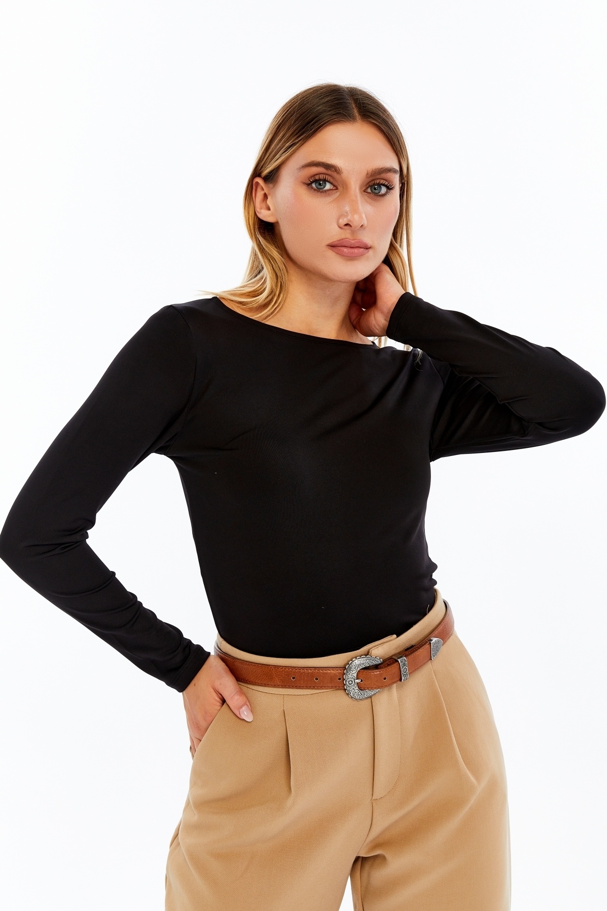 VERANOYA  Kayık Yaka Uzun Kollu Bluz Siyah - Görsel 5