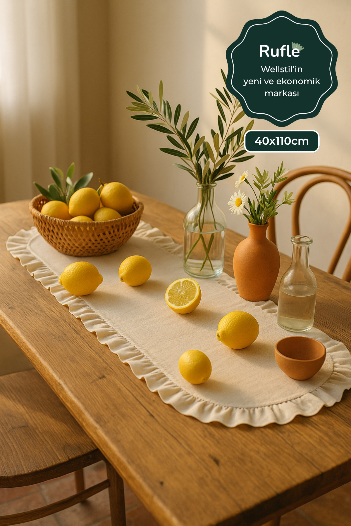 Rufle Eko | Fırfırlı Keten Runner 40 x 110 cm