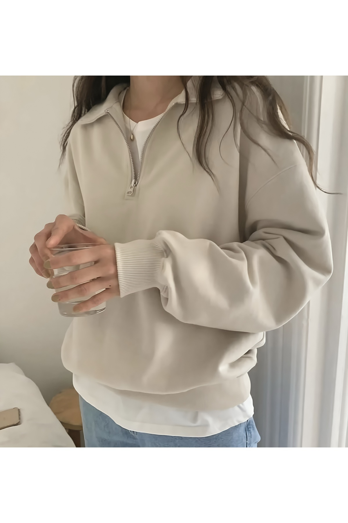 sole stories Γυναικείο μπλουζάκι με φερμουάρ, μακρυμάνικο, μπεζ, premium, oversize