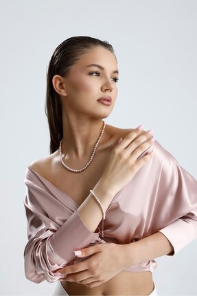 Birinci1926 Pembe Doğal İnci Kolye Bileklik İkili Set