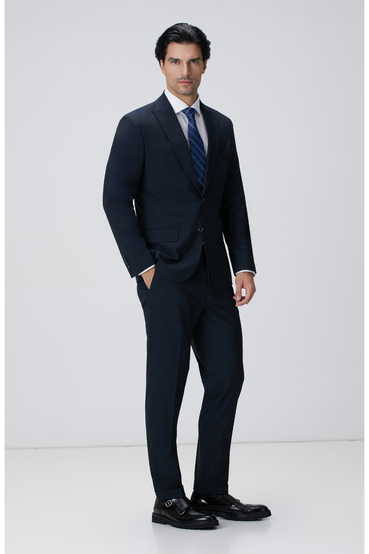 نتورک کت و شلوار یقه اسکی راه راه سرمه ای اسلیم فیت