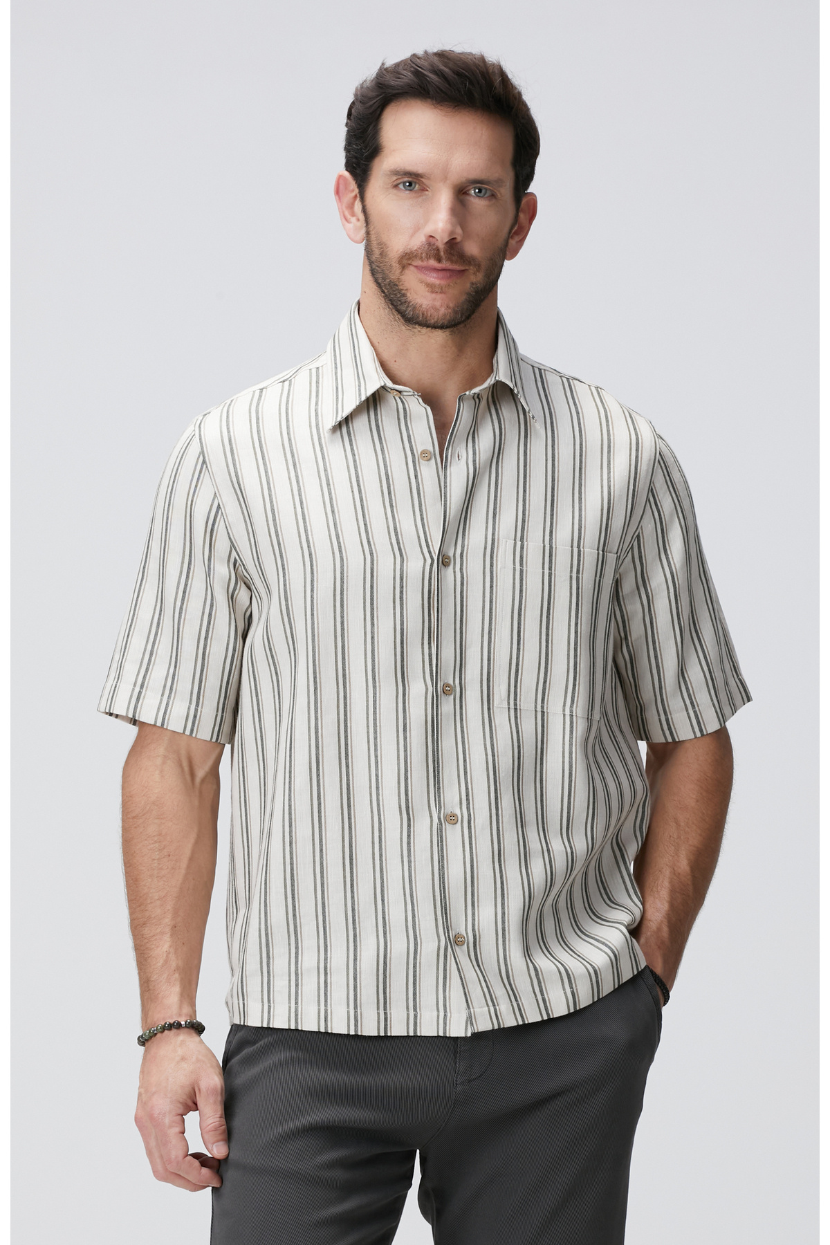 نتورک پیراهن کتانی راه راه سفید روشن