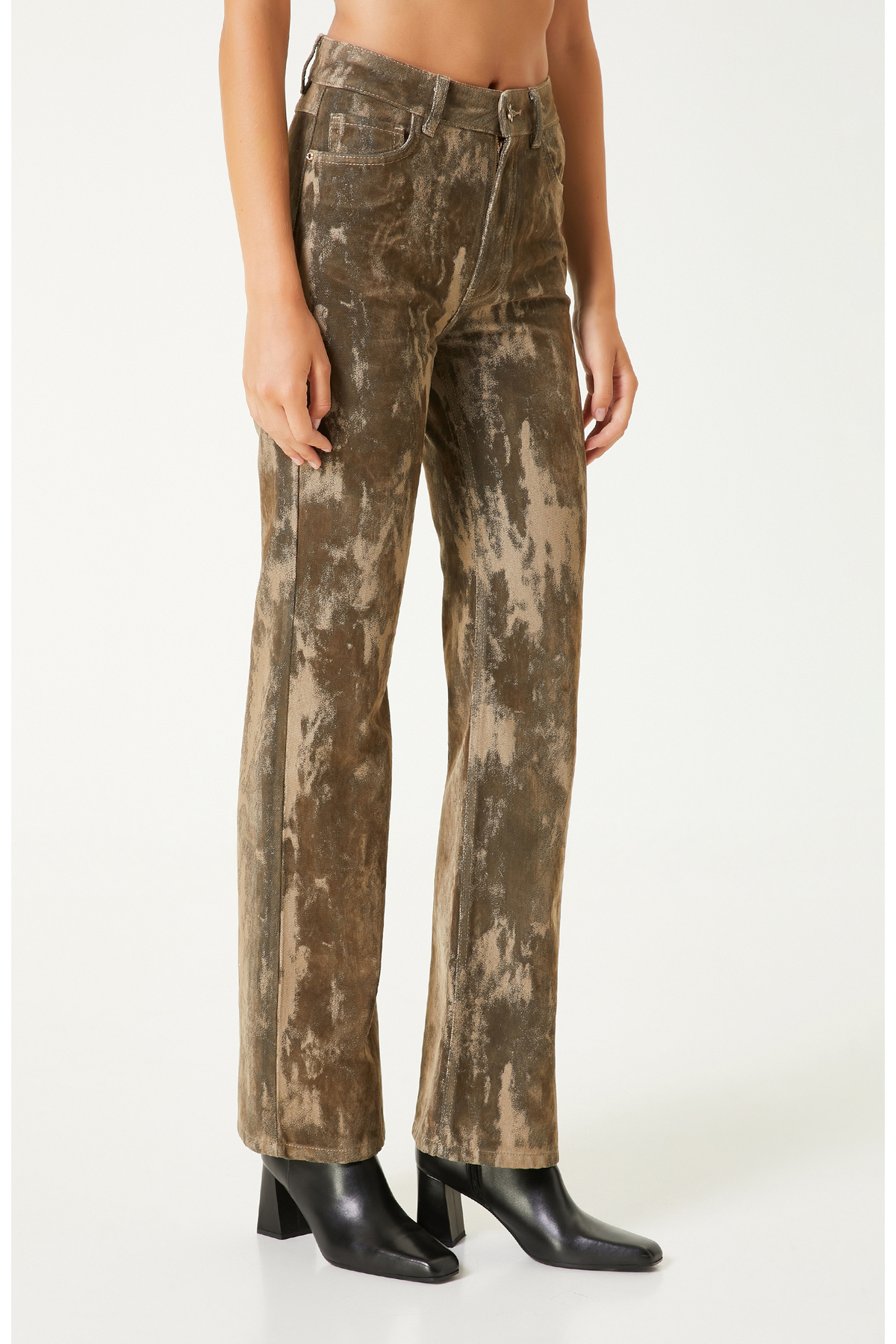 Network  Haki Flok Baskılı Boot Cut Denim Pantolon - Görsel 5