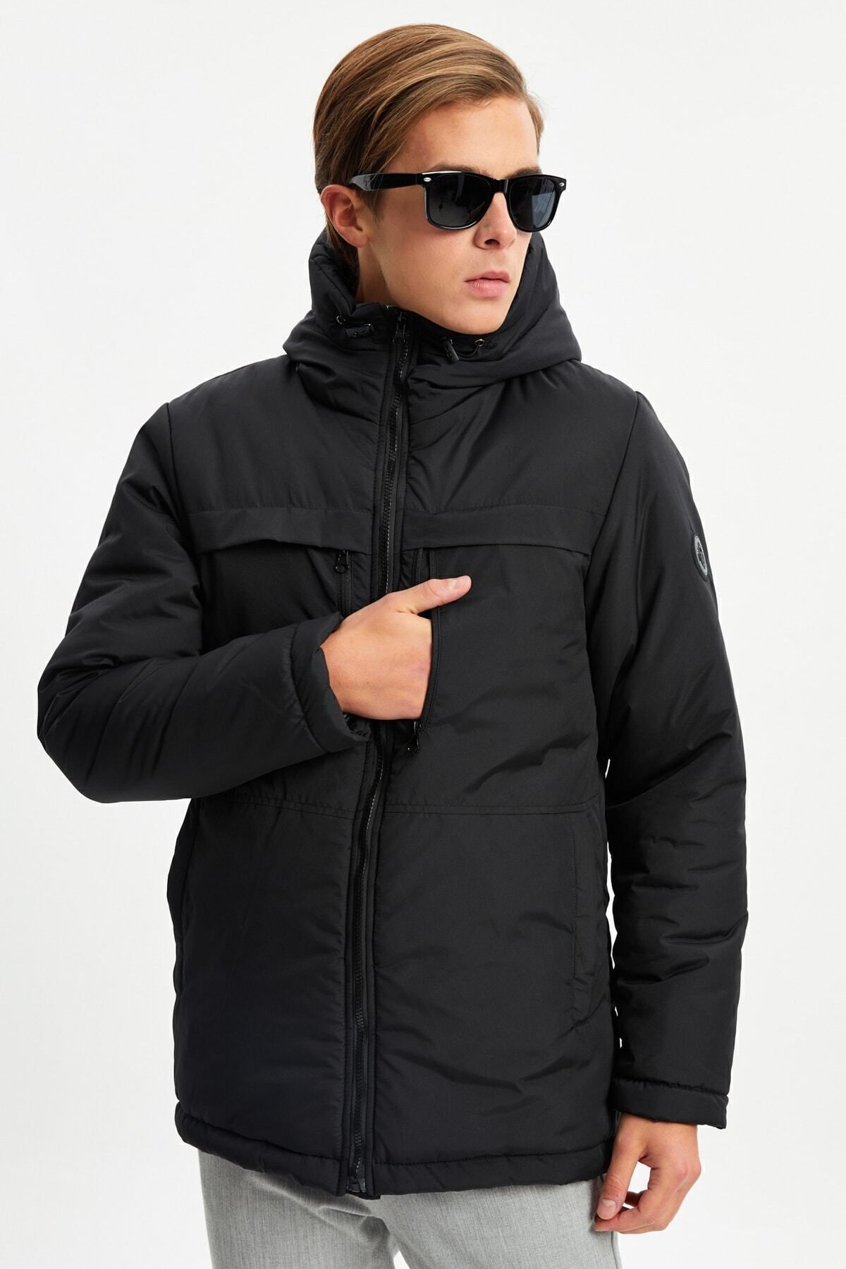 Erkek Siyah Elyaflı Rüzgar Geçirmez Kapüşonlu Kışlık Mont & Kaban & Parka — مشکی PA-190 — تصویر 6 از 8