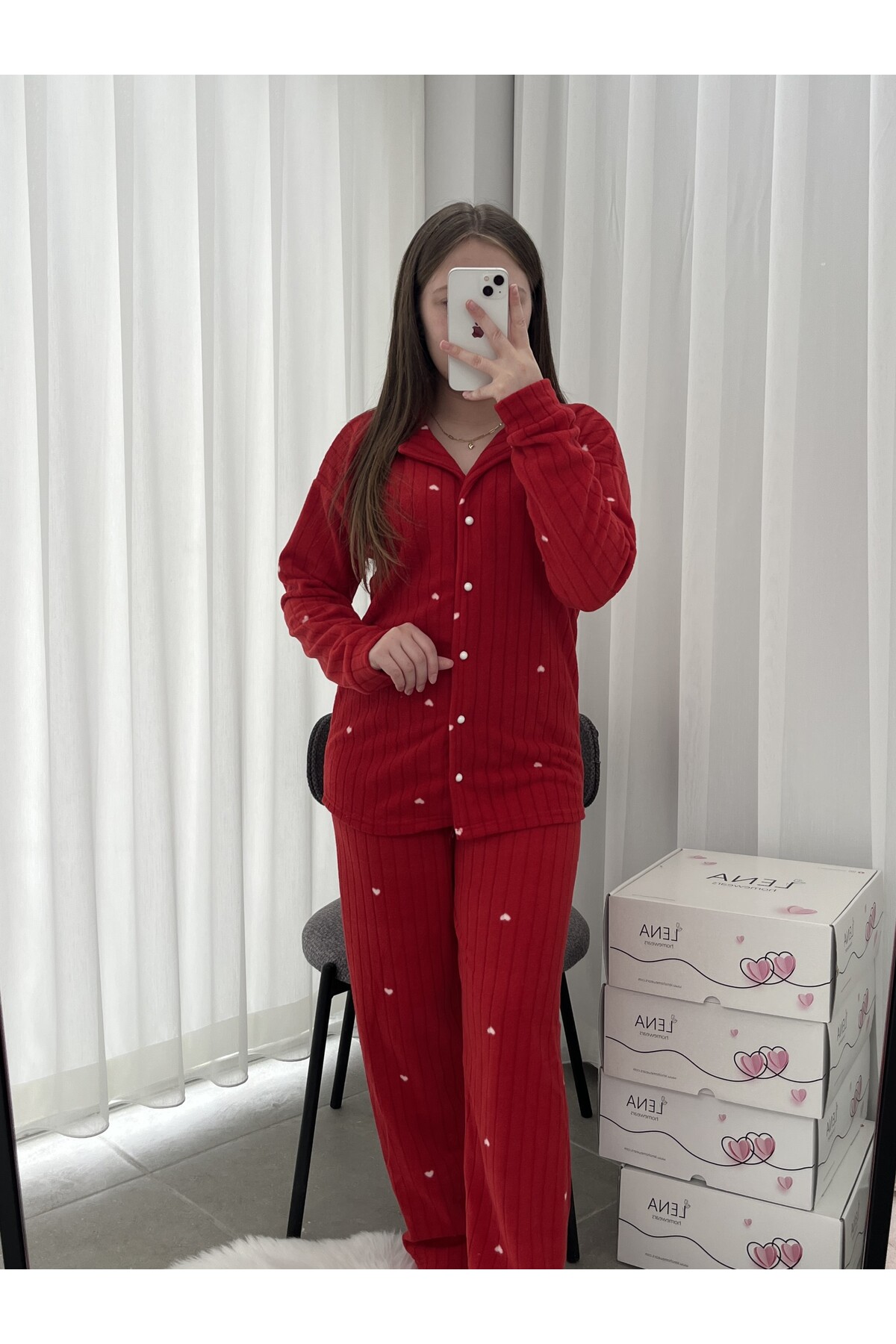 Lena Homewears  Kırmızı Dreams İç Çamaşırlı Kalp Desenli Düğmeli Polar Pijama Takımı - Görsel 5