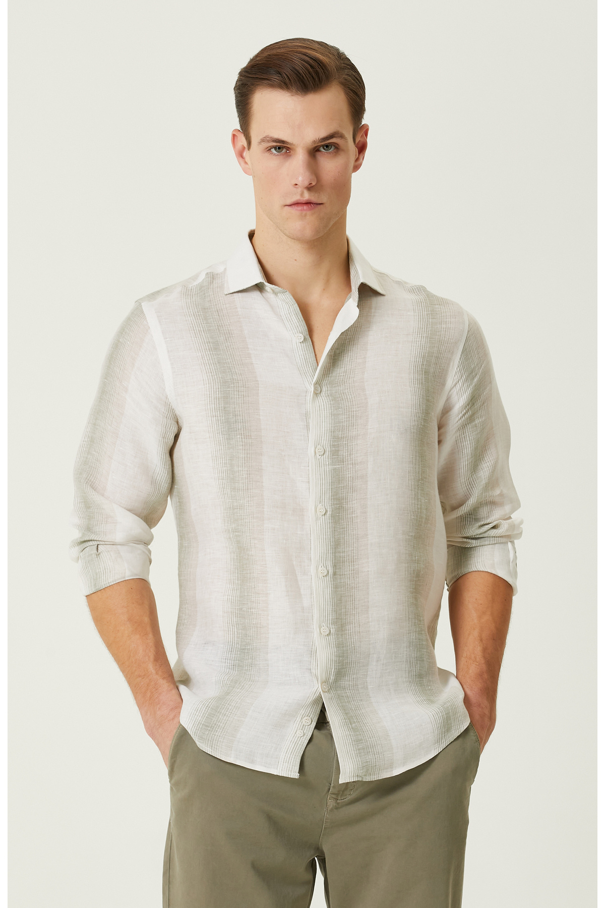 نتورک پیراهن کتانی راه راه خاکی رنگ