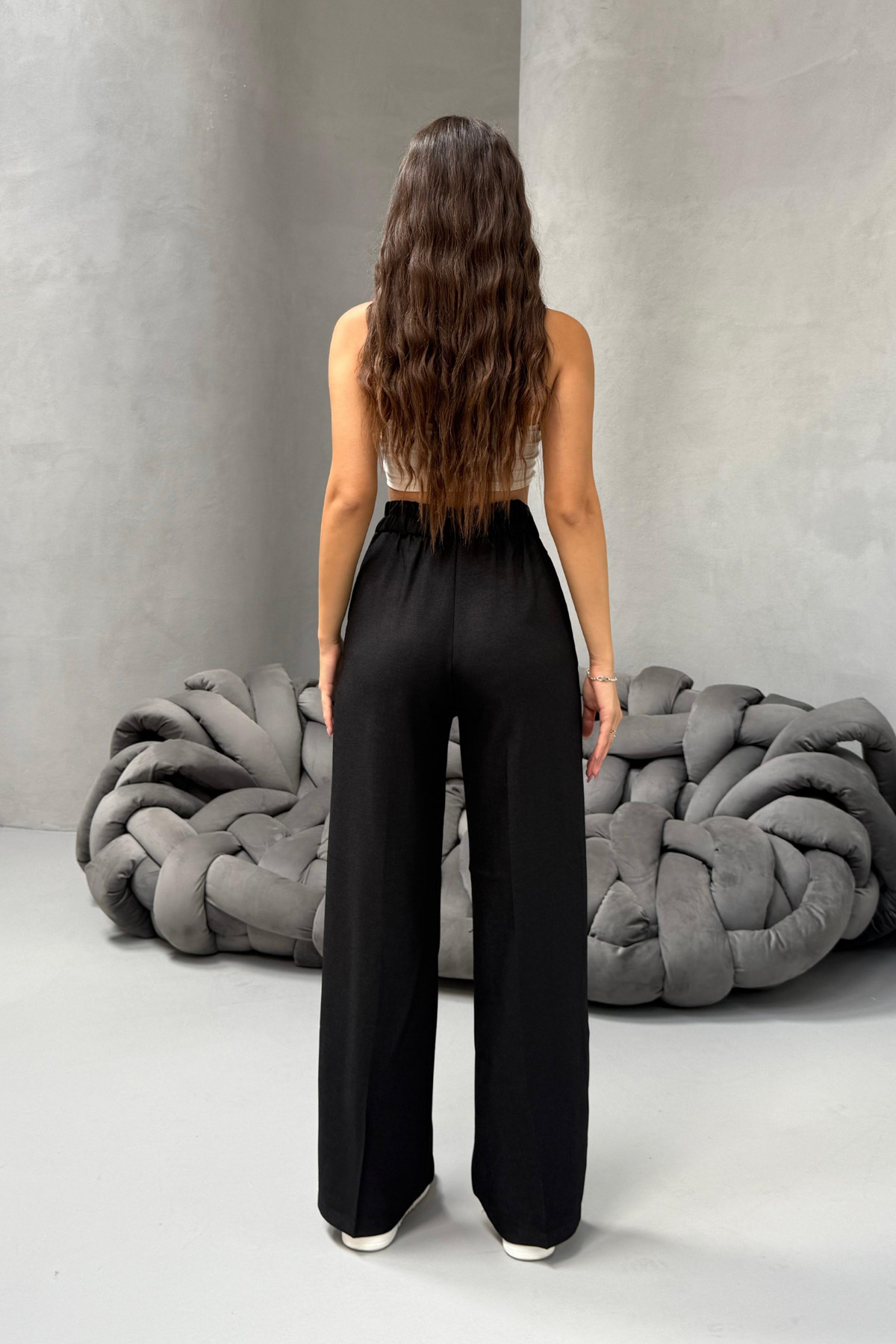 Kadın Yüksek Bel Wide Leg Beli Lastikli Bol Paça Rahat Kalıp Palazzo Pantolon SİYAH 5