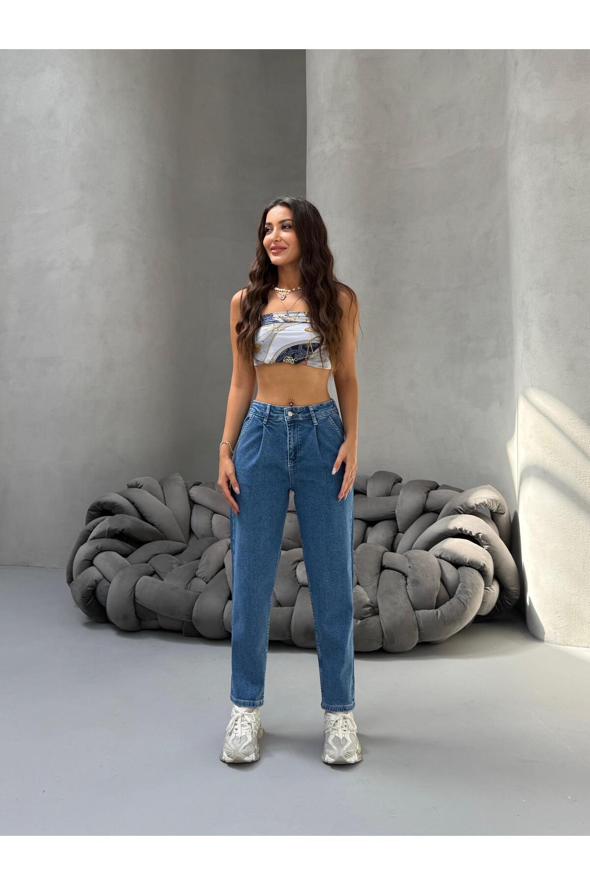 BİKELİFE  Kadın Yüksek Bel Boyfriend Likralı Pileli Mom Jeans - Görsel 2