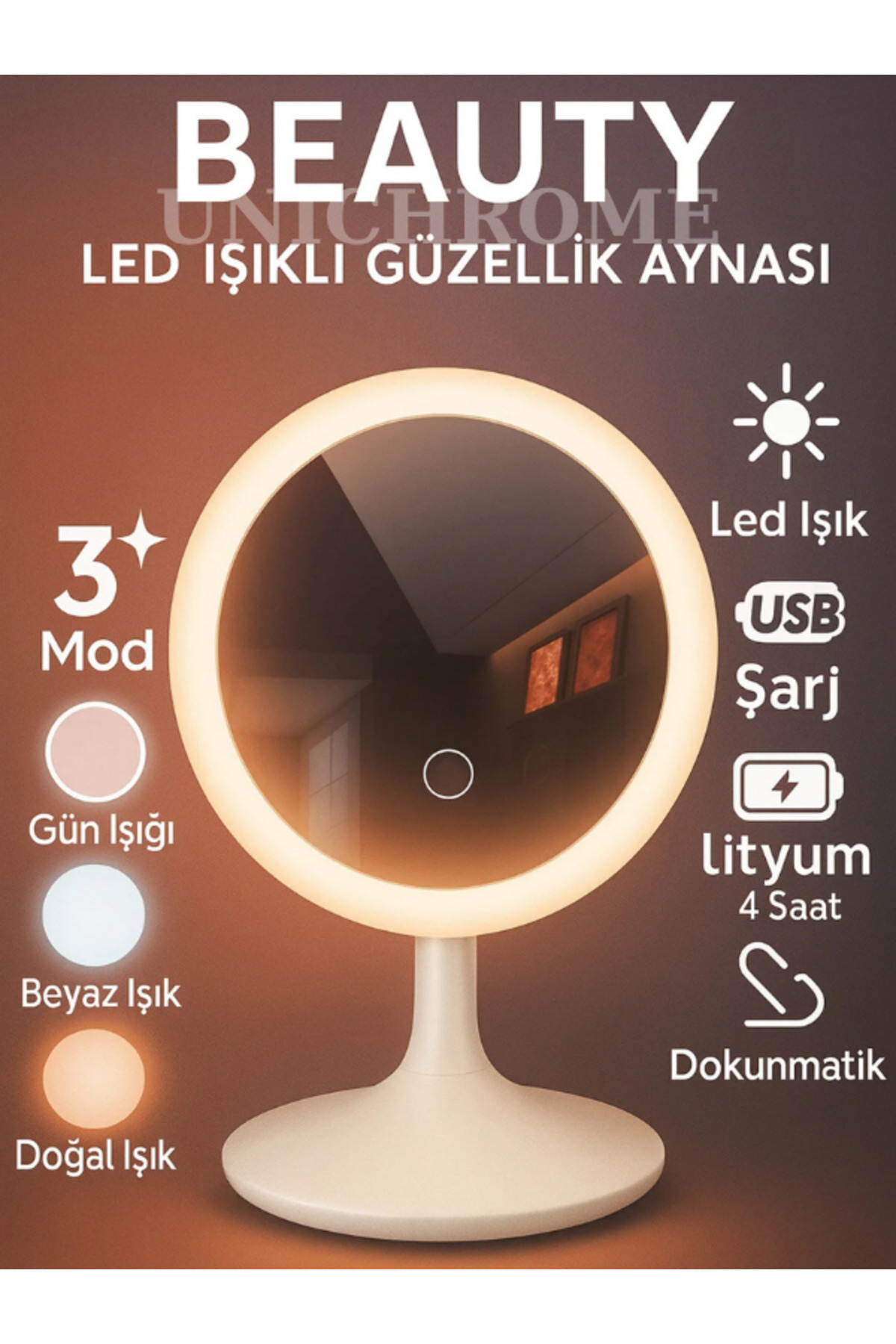 Folveit Dokunmatik Led Işıklı Usb Li Yuvarlak Masa Üstü Makyaj Aynası 3 Modlu 3 Renk Makyaj Aynası Ledli