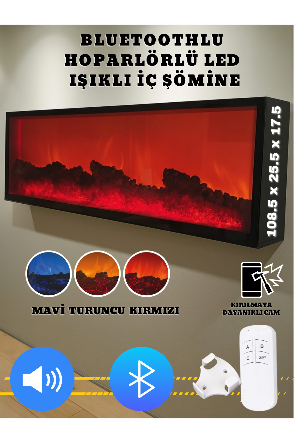 Dekoratif Elektrikli Şömine - 108.5x25.5x17.5 Cm - Farklı Renk Modları,kumandalı, Bluetooth Ses.