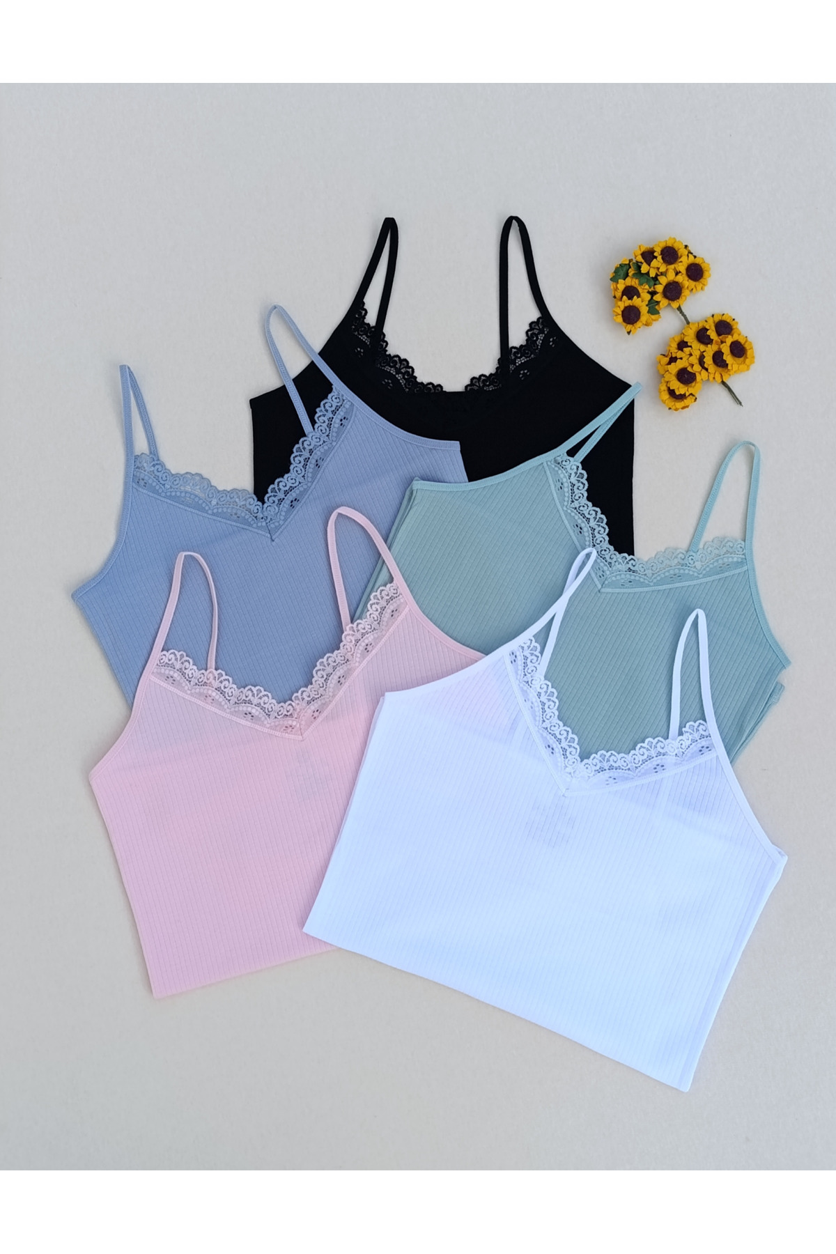 siyalife Dantel Detaylı Fitilli Esnek Renkli 5'li Kadın Atlet