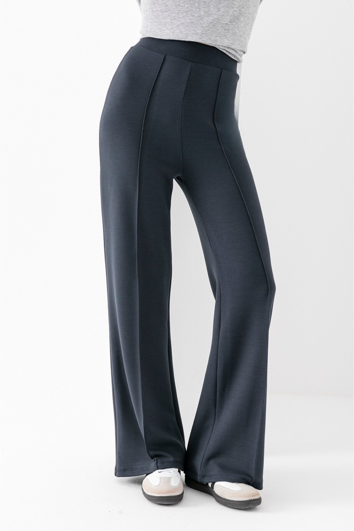 Alos  Kadın Füme Modal Bol Paça Çımalı Yüksek Bel Yumuşak Dokulu Beli Lastikli Likralı Pantolon - Görsel 7