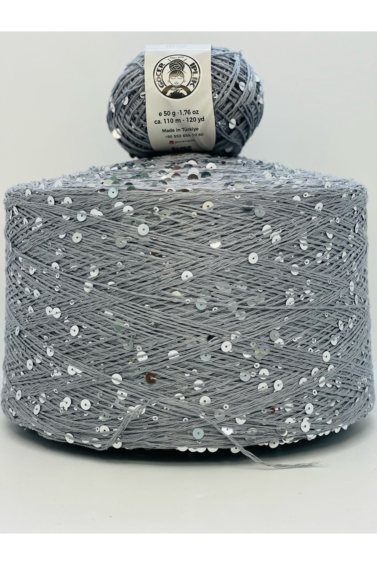 Bag Lanyard / Knitting Lanyard 100% cotton color gray 3+6 silver Coarse scaly balls 50gr X 2 =100gr