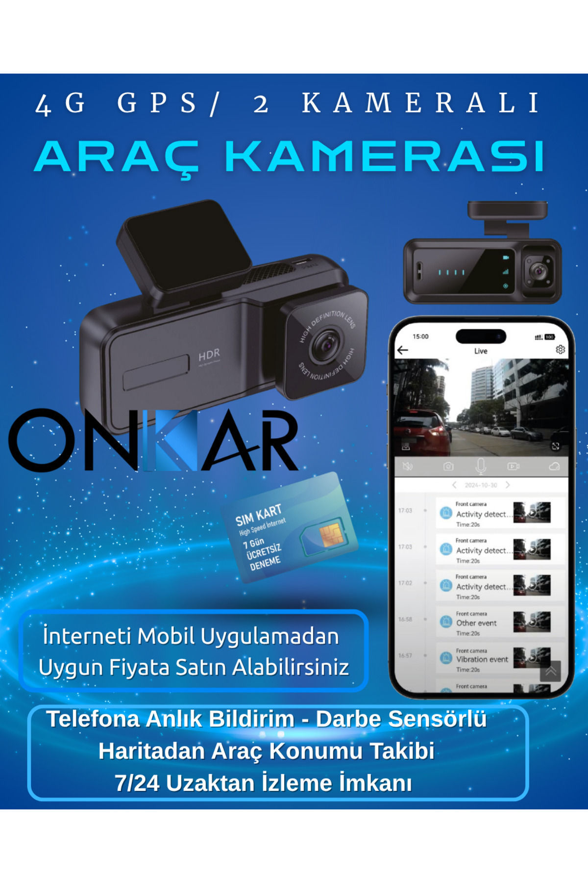 Onkar Bilişim 2 KAMERALI 4G SİM KARTLI GPS UYDUDAN TAKİPLİ ARAÇ KAMERASI UBOX PRO