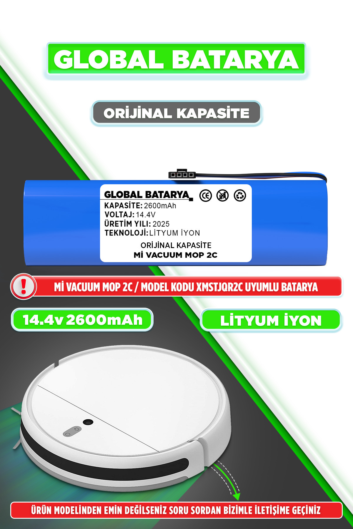 GLOBAL BATARYA Xiaomi Mi Vacuum Mop 2c 2in1 Akıllı Robot Süpürge Bataryası 14.4v 2600mah Pil (ORİJİNAL KAPASİTE)