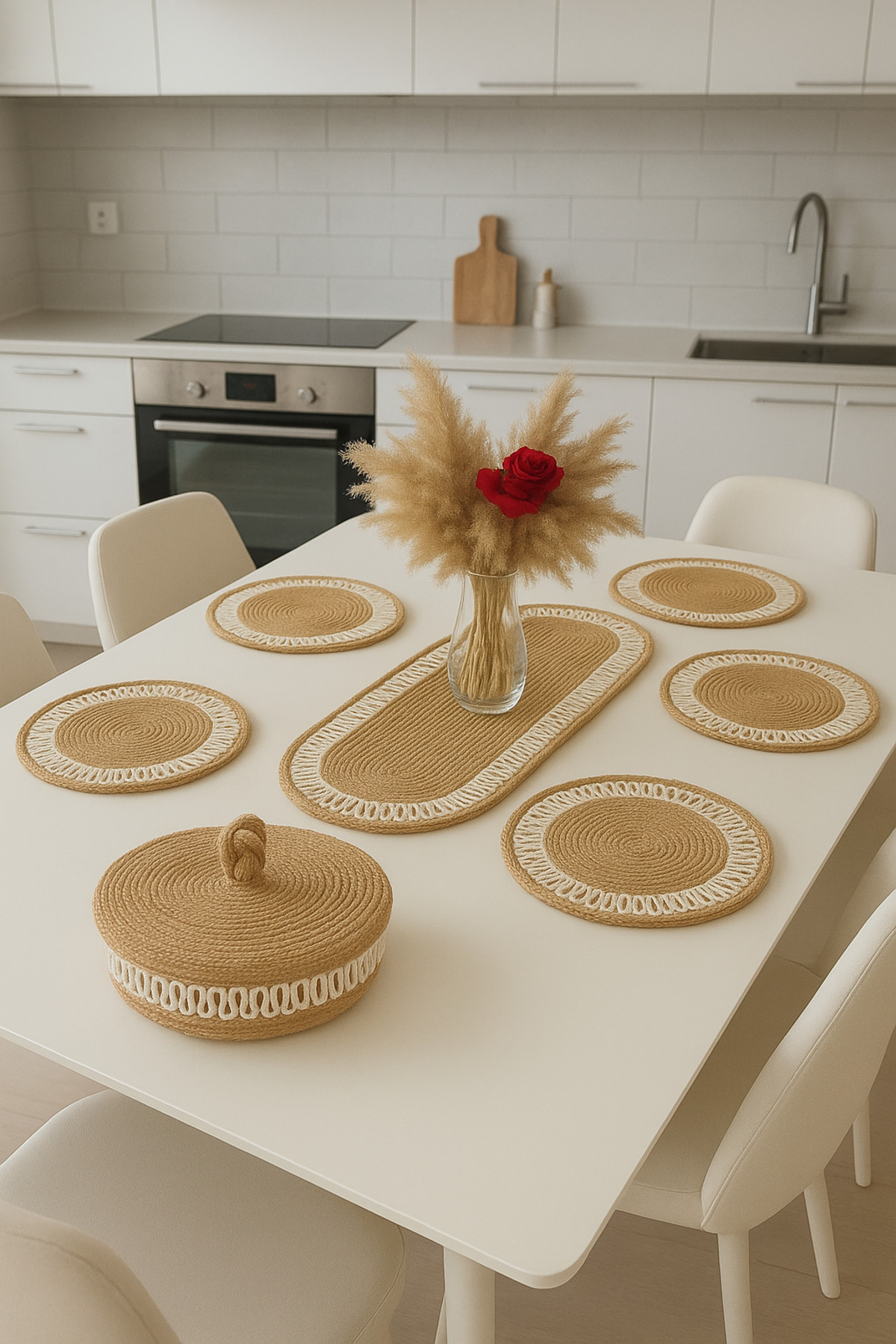 Jute American Serving Set of 6 Underplates 1 Runner 1 Knit Bread Basket with Lid Beige Cream Pattern Presentation