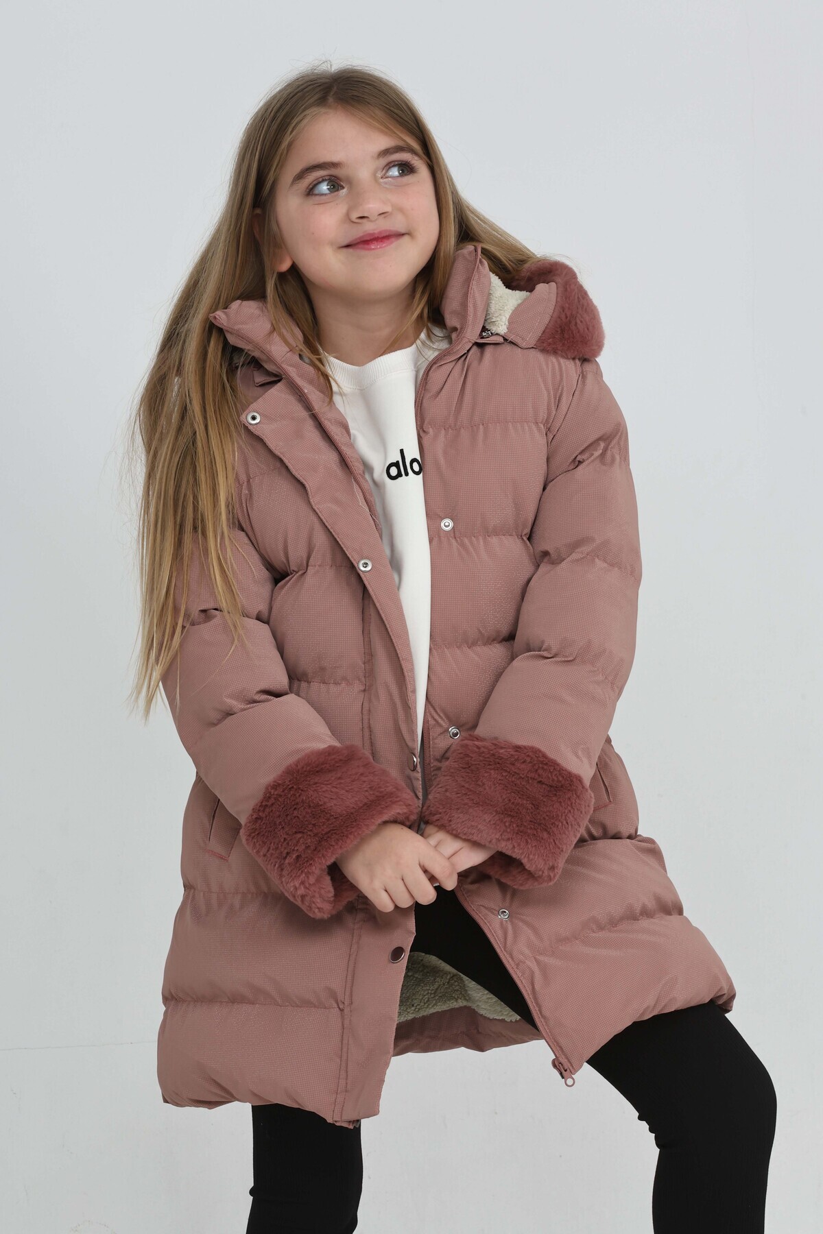  کاپشن زمستانی دخترانه کلاه‌دار، صورتی پفی، طرح‌دار، مناسب برای سنین ۵ تا ۱۳ سال