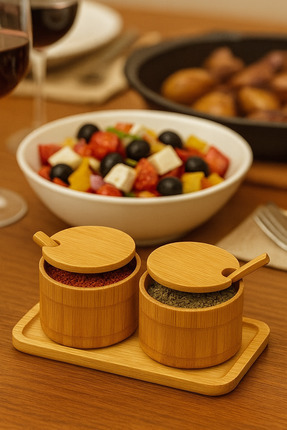 YDGR 2'li Dekoratif Bambu Kapaklı Baharatlık ve Ahşap Kaşık Seti