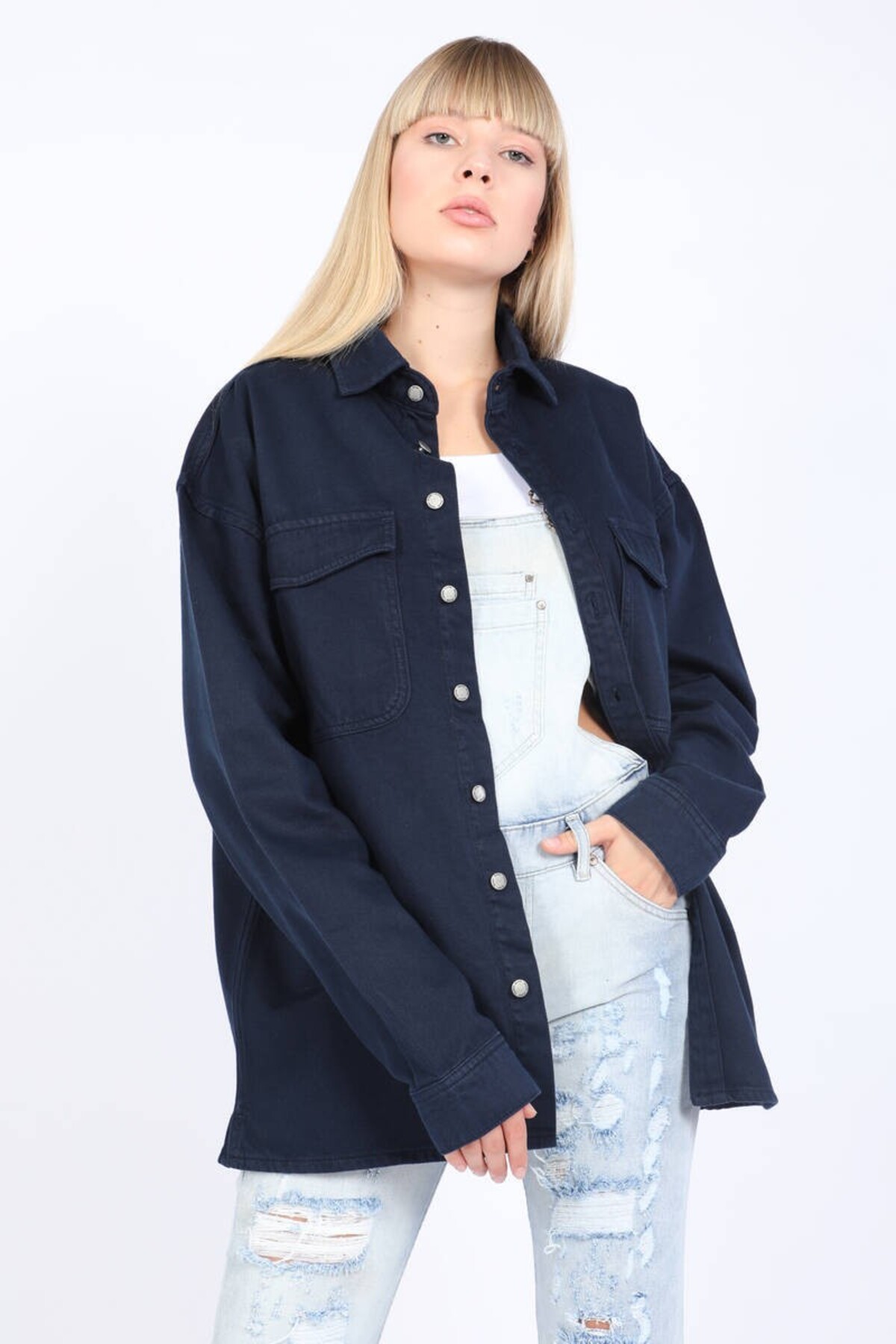 BANNY JEANS  Kadın Oversize Jean Gömlek Lacivert - Görsel 3