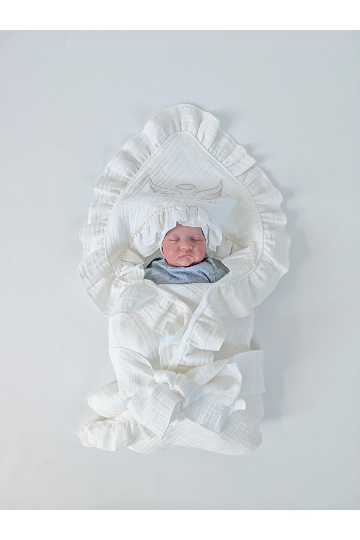 Tomuycuk Ekru 4 Kat Müslin Bebek Battaniyesi %100 Pamuklu Kız / Erkek Bebek Örtüsü Kundağı Nakışlı Hediyelik fotoğrafı 3 (önizleme)