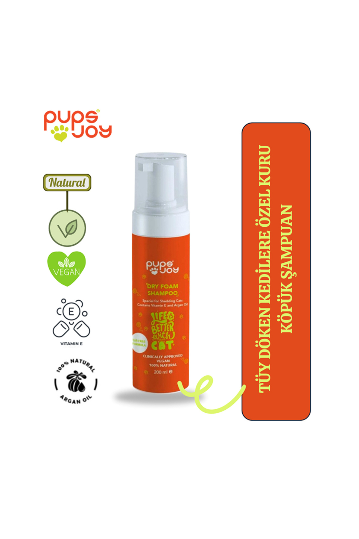 pupsjoy Tüy Döken Kedilere Özel - E Vitamini ve Argan Yağı İçerikli Kuru Köpük Şampuan