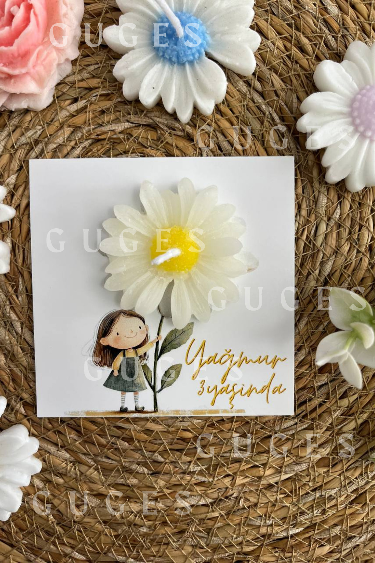 GUGES 10 Adet Özel Tasarlanmış Kart Ve Papatya Mum. Bebek Doğum, Babyshower, Doğum Günü, Hediyelik fotoğrafı 4 (önizleme)