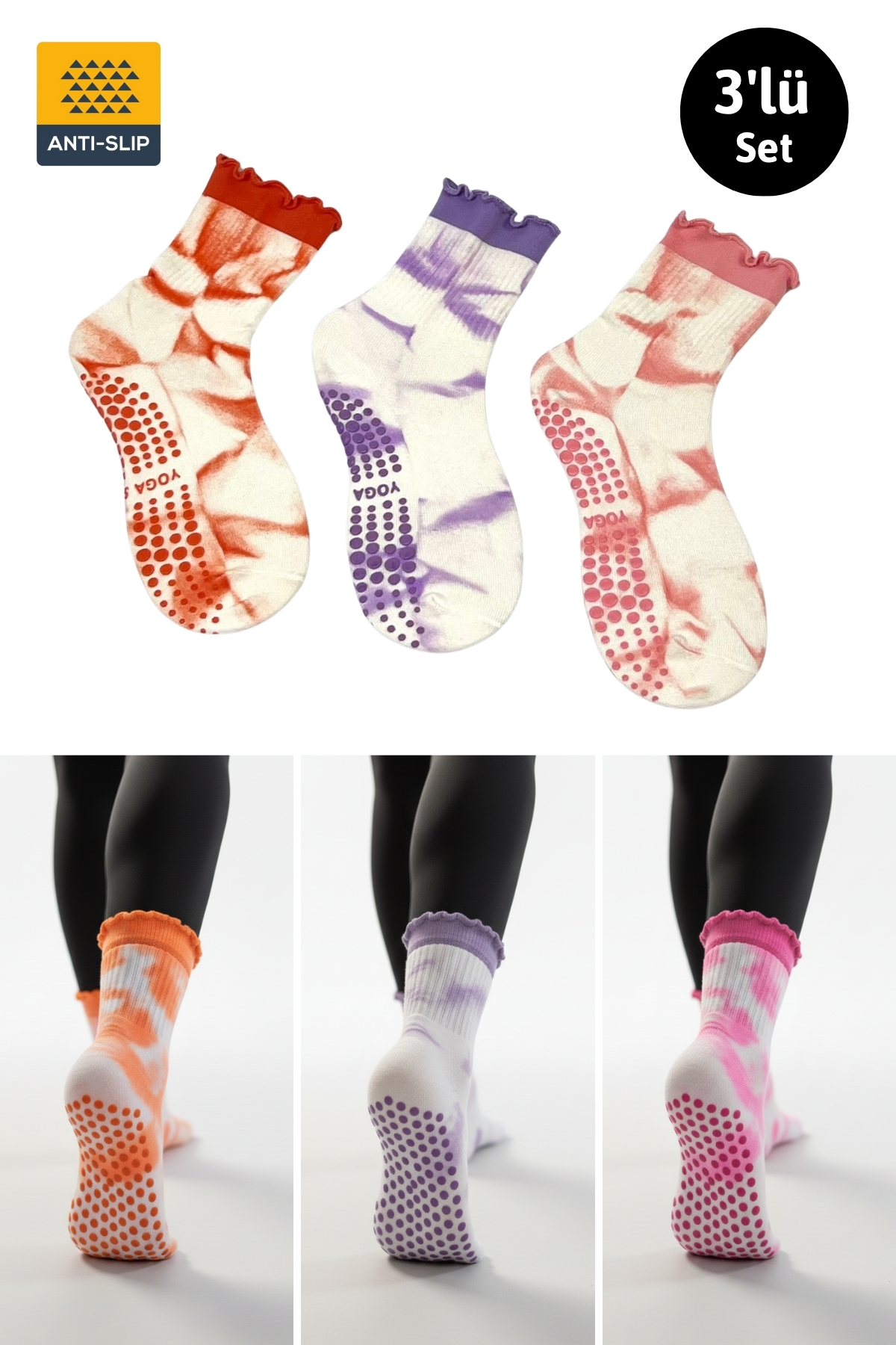 Dore Orijinal Kadın 3'lü Set Batik Model Kaydırmaz Tabanlı Yoga Sports Pilates ve Yoga Çorabı 3 Çift