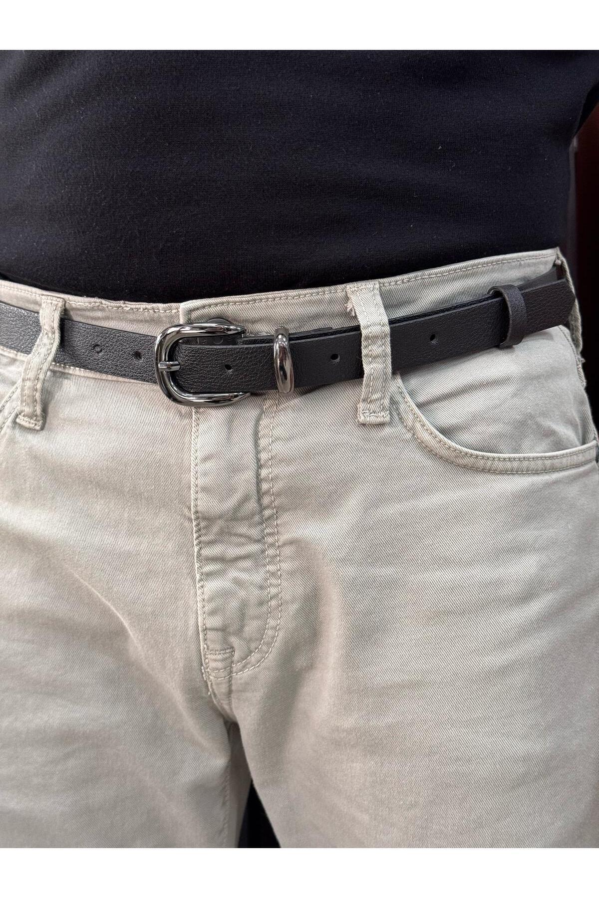 Gesa  Erkek Suni Deri Nikel Tokalı Ince Old Money Siyah Kemer 2.5 Cm - Görsel 5