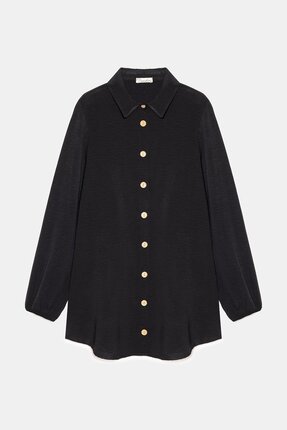 Saade Siyah Kadın Gömlek Yaka Ahşap Düğmeli Kolağzı Lastikli Aerobin Dokuma T...