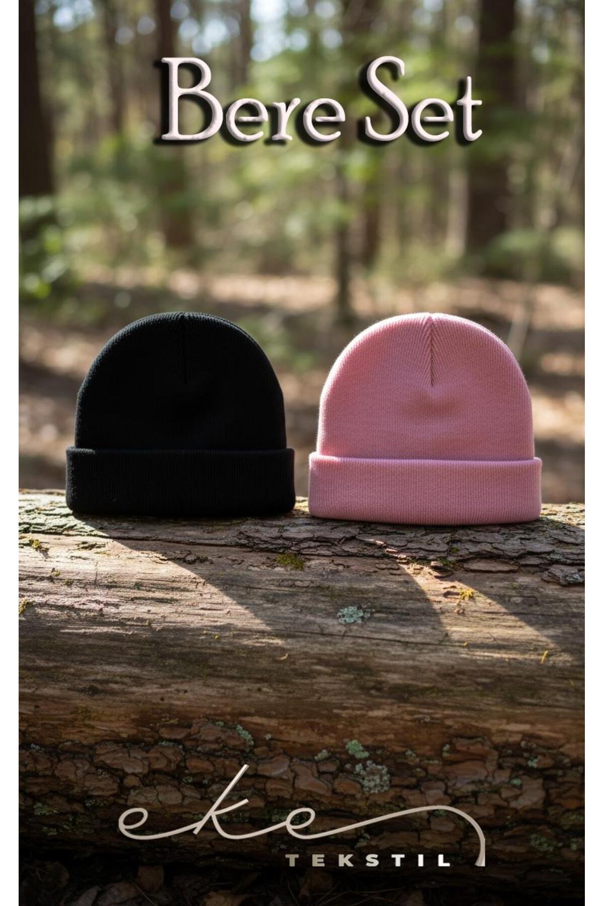 Eke Tekstil Unisex Katlamalı PEMBE,SİYAH 2'Lİ Bere Seti EKEBERESETİ2LİYENİ görsel 2