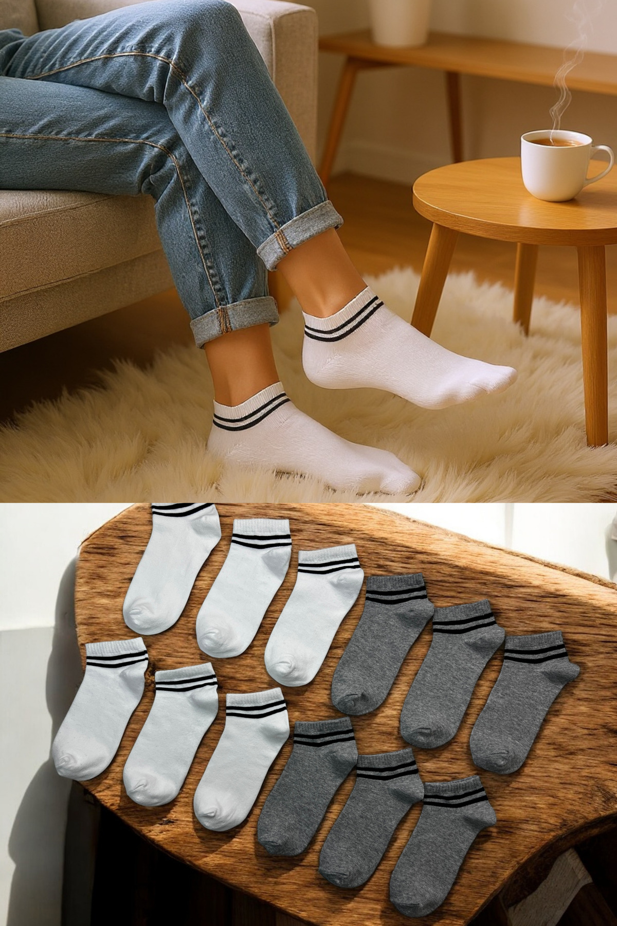 Women Men 5-Piece Cotton Striped Booties Socks Set Comfortable Breathable White Gray