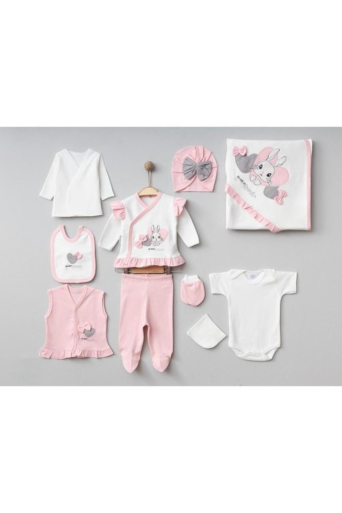 BYS BABY FASHION 10'lu Pamuklu Fırfır Ve Fiyonk Detaylı Yenidoğan Kız Bebek Hastane Çıkış Zıbın Seti Mevsimlik Kutulu fotoğrafı 6 (önizleme)