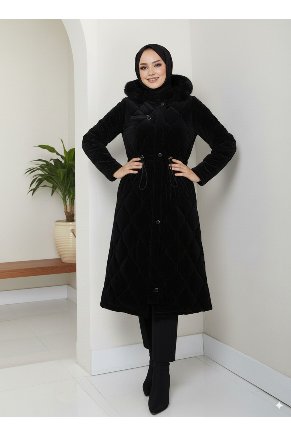 lavrisa  Kadın Beli Bağcıklı Nova Kumaş Mont - Görsel 5