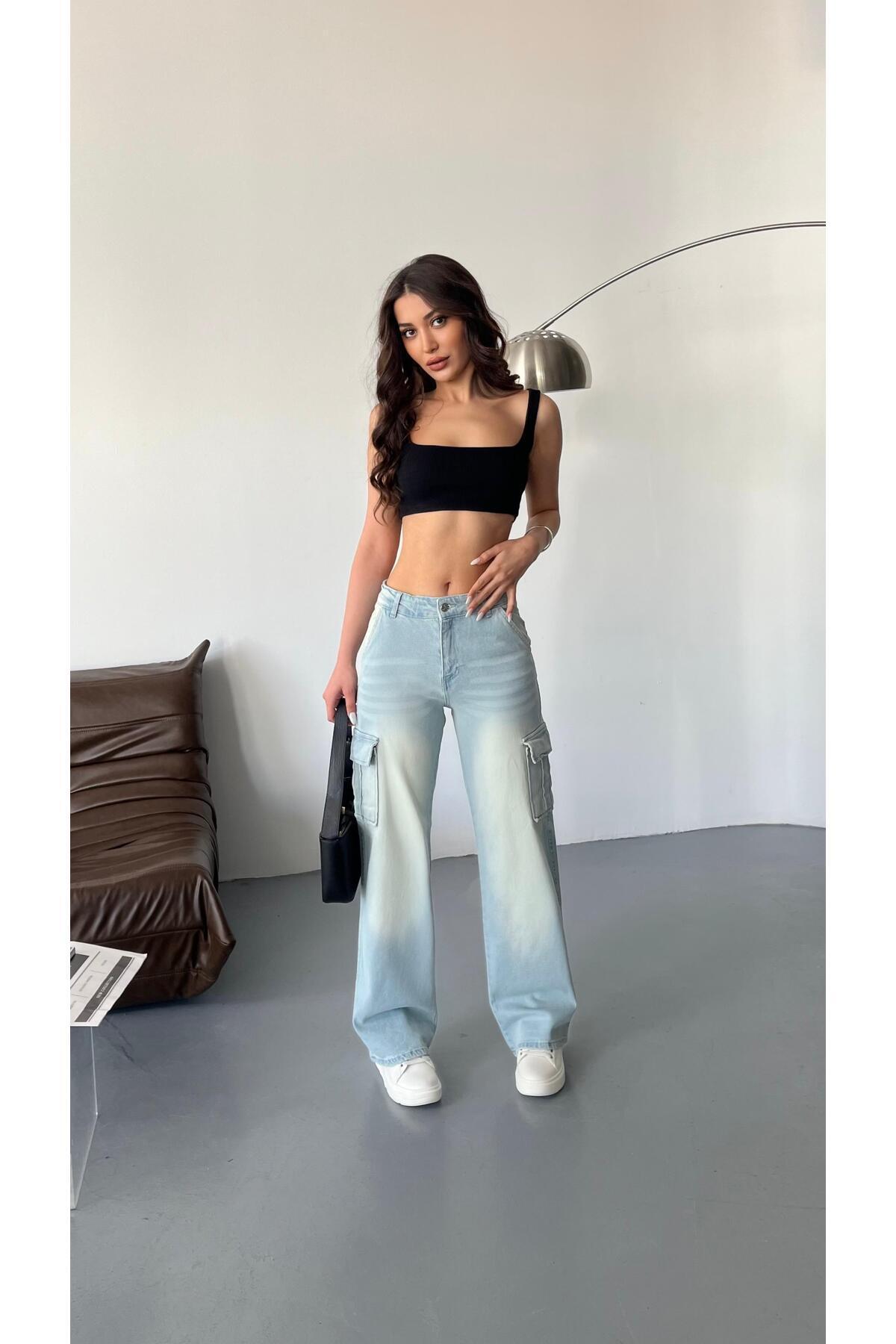 Kadın Soluk Efekt Vintage Yüksek Bel Wide Leg Kargo Pantolon buz mavi 8