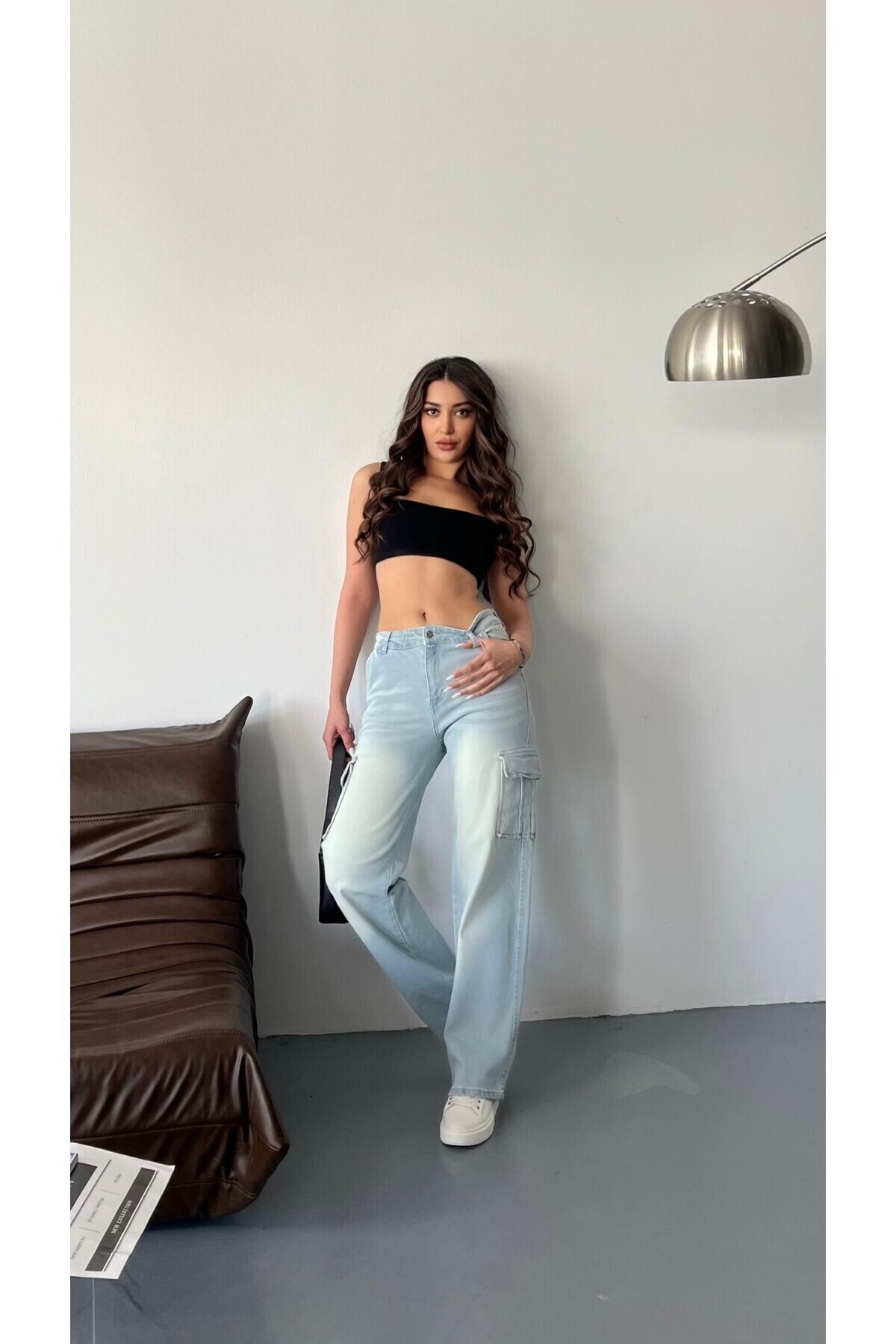 Kadın Soluk Efekt Vintage Yüksek Bel Wide Leg Kargo Pantolon buz mavi 7