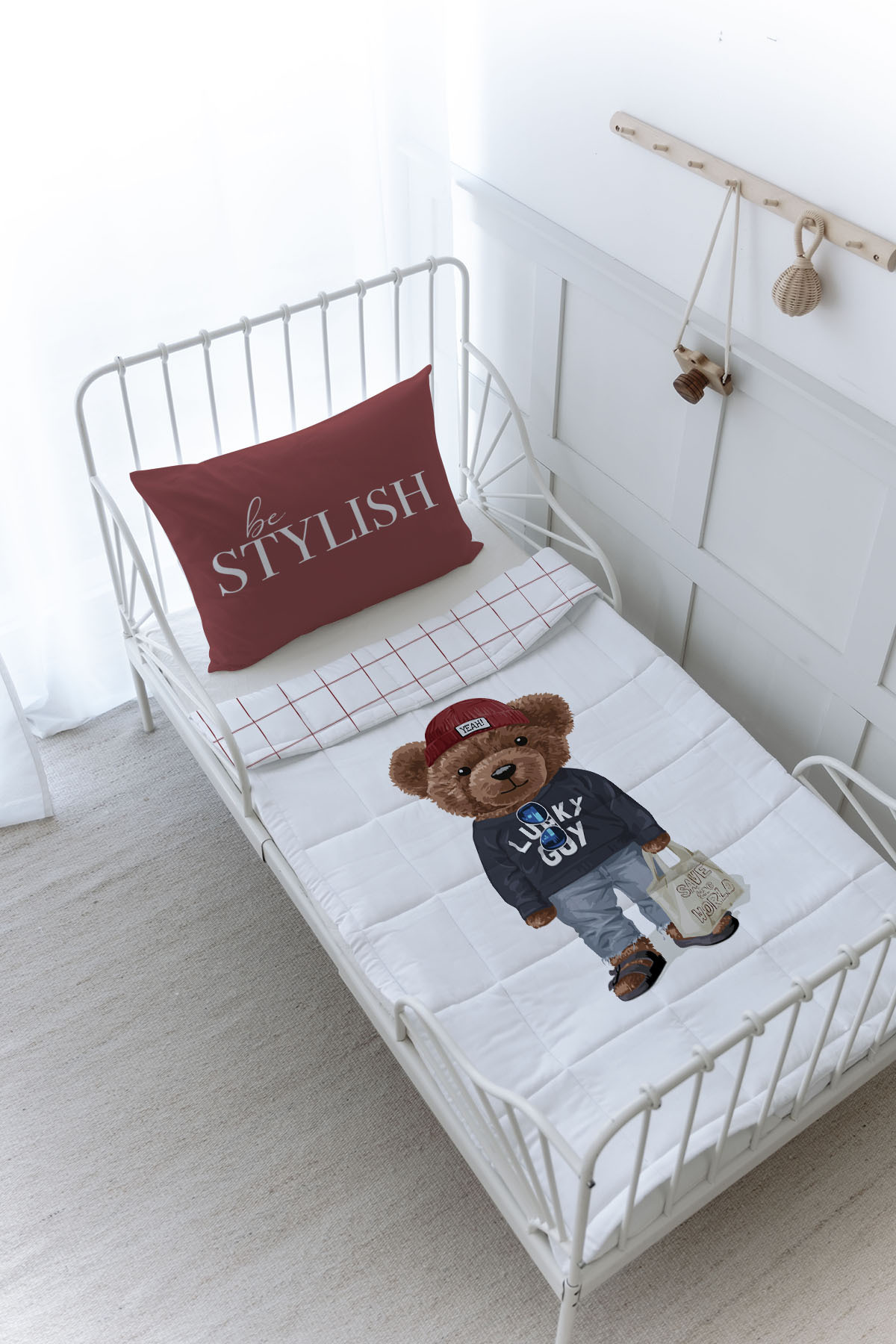 Tuğba Kuğu Organik Baskılı Montessori Yorgan Seti - Pure Baby Serisi - Sportmen Ayıcık