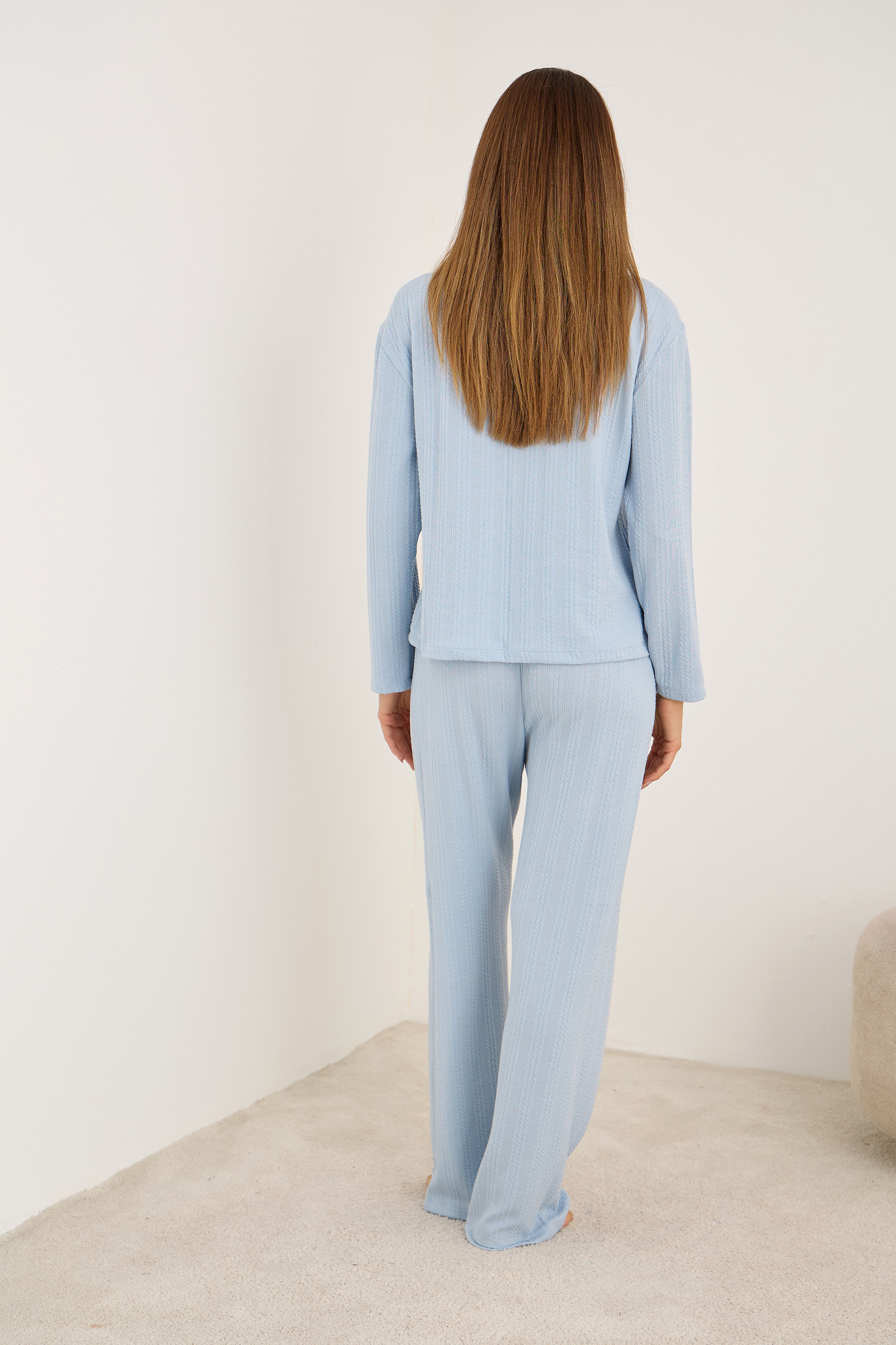 Siyah İnci mavi Kalp nakışlı Fitilli Yumuşak Tuşe Örme Pijama Takım görsel 3