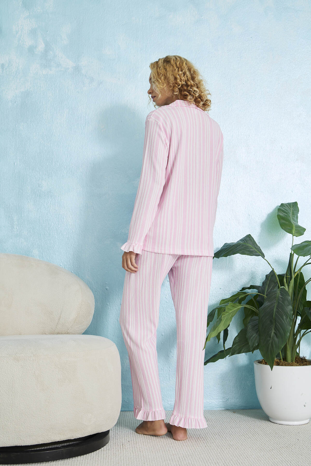 STELLAPİNK  Pembe Beyaz Çizgili Bürümcük Desenli Uzun Kollu Düğmeli Pijama Takımı - Görsel 6