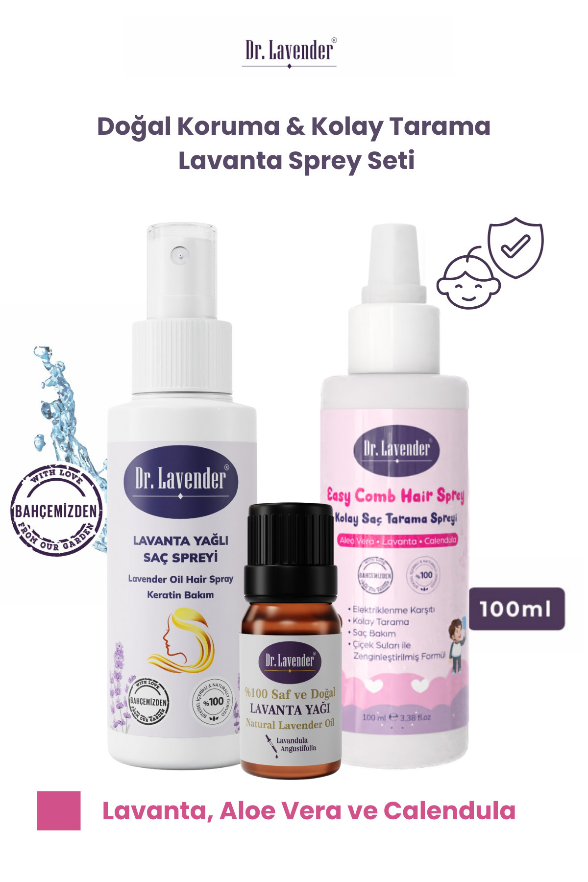 Dr. Lavender Doğal Koruma Lavanta Sprey Seti – Saç Bakım ve Kolay Tarama | Lavanta Yağı 10 ml