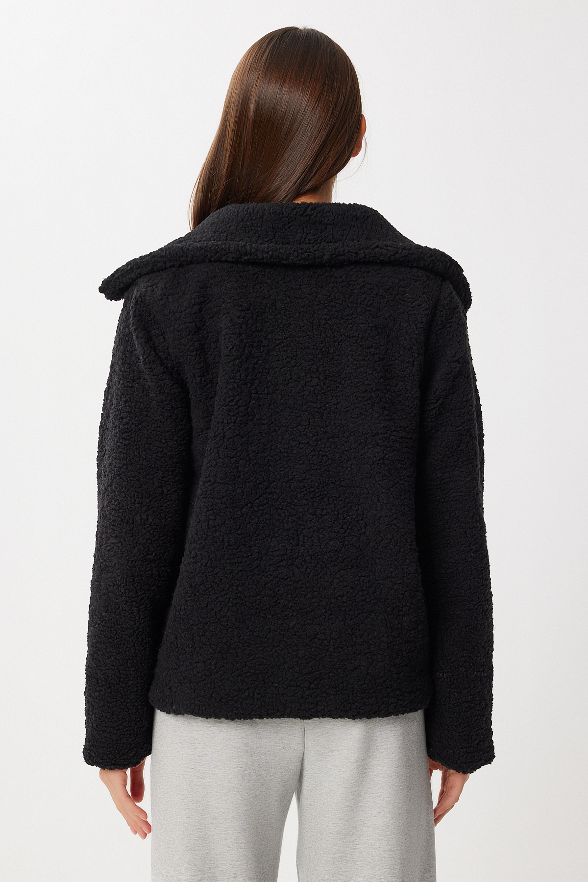Lovelyİstanbul Polo Yaka Fermuarlı Peluş Mont LCI0042 SİYAH görsel 6