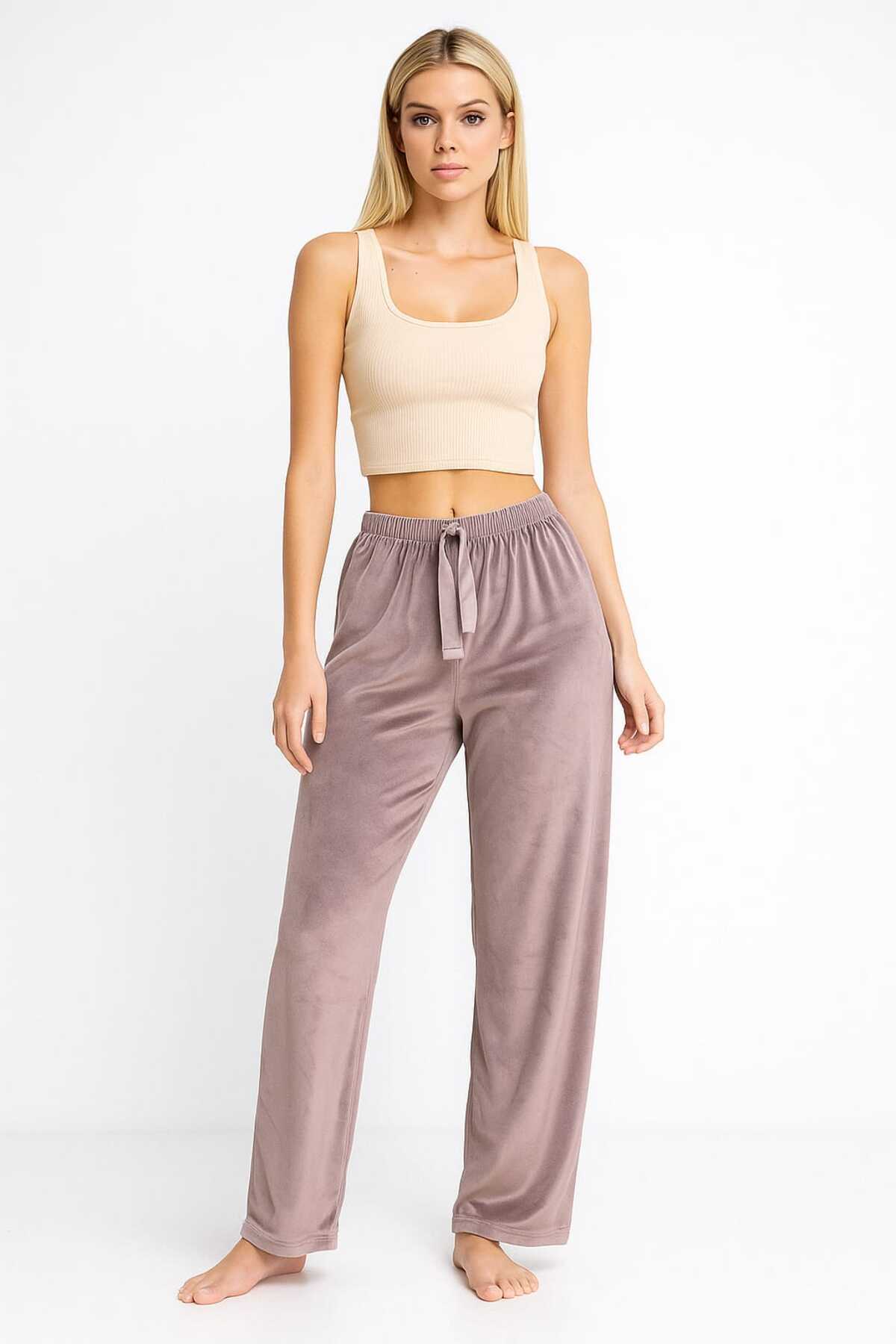 Asel Kadın Vizon Likralı Soft Kadife Kumaş Pijama