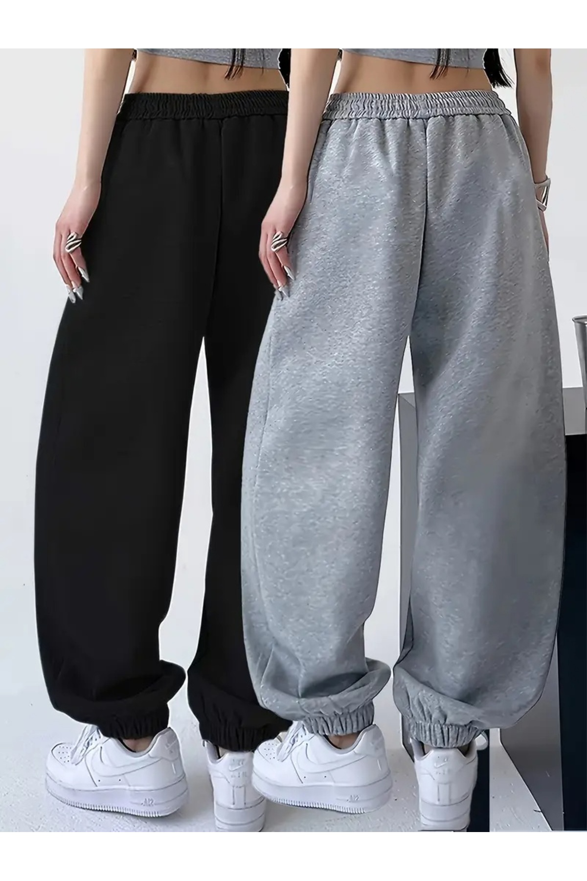 GERLAY  İKİ ADET SİYAH GRİ PAÇA LASTİK BOL EŞOFMAN ALTI - Görsel 2