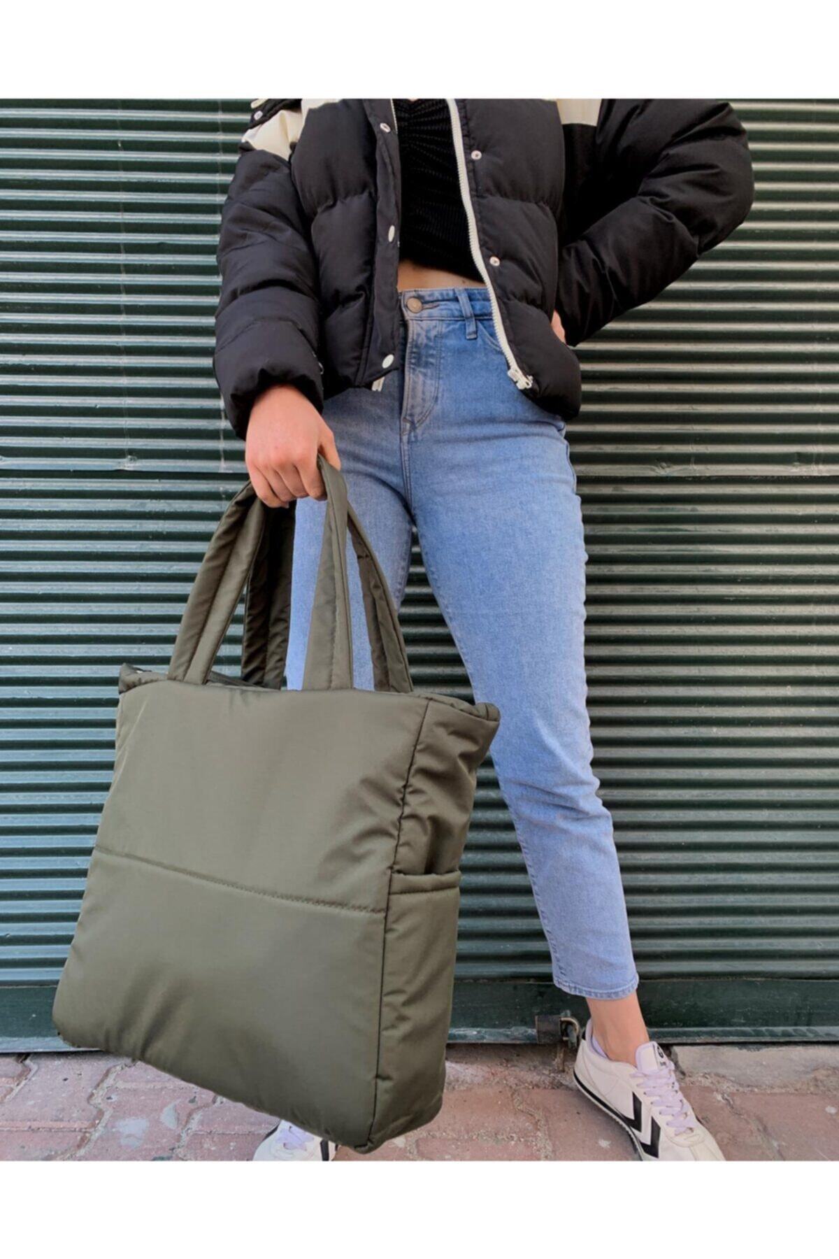 DİYKAYA  Kabartmalı Puf Kumaş Shopper Çanta Napoli Yeşil - Görsel 2