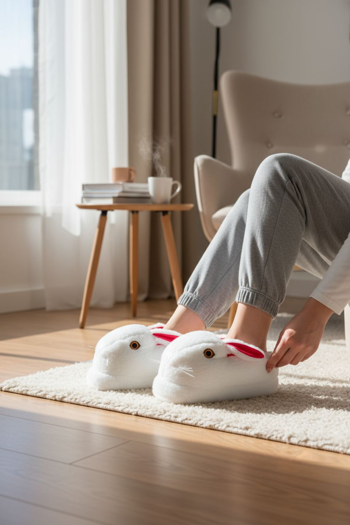 KMS HOME Kadın Panduf Beyaz Tavşanlı Panduf Pandufu