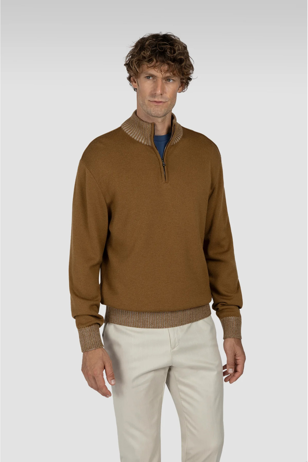 پال اند شارک ژاکت بافتنی مردانه آستین بلند، یقه ایستاده نیم زیپ، سایز معمولی، 100% پشم، قهوه‌ای، کد 15311108-171