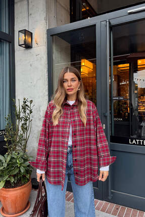 Sue Store Kırmızı Ekoseli Oversize Gömlek