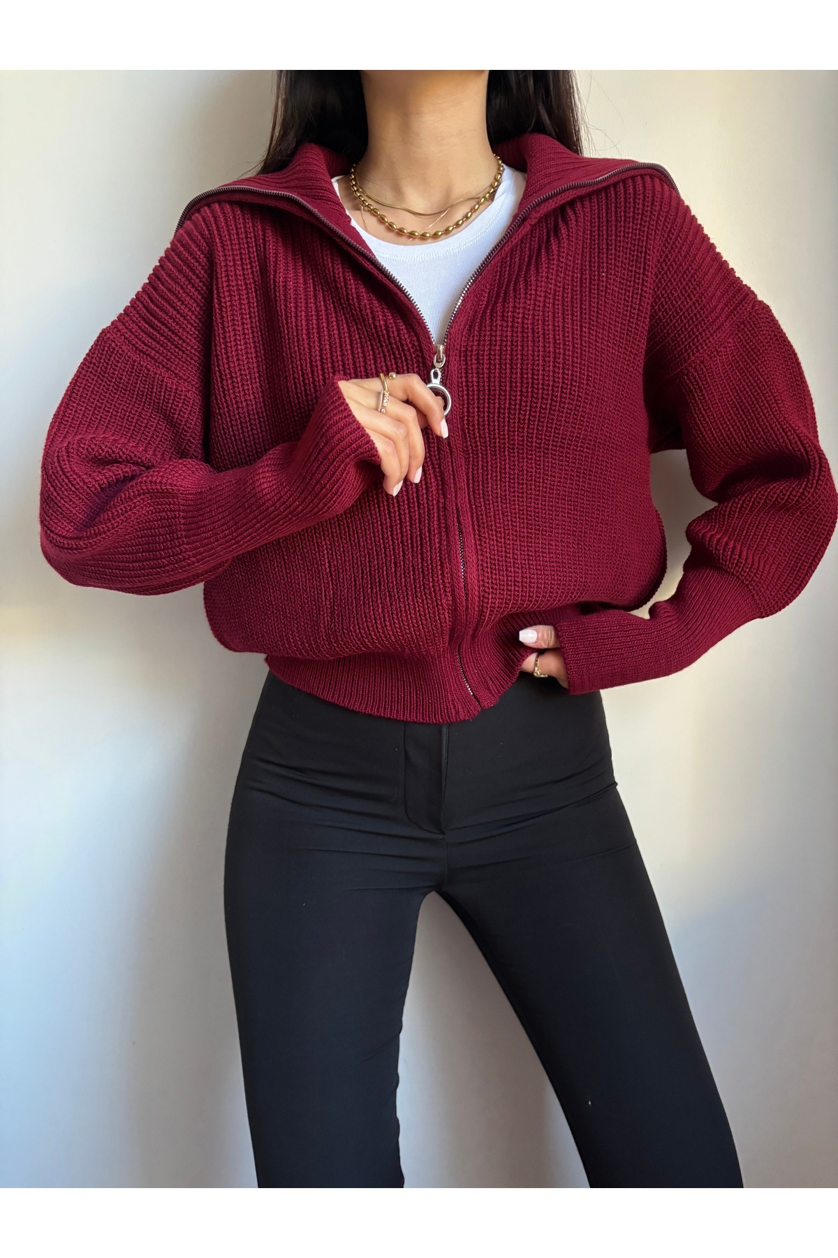 LOTUS CITY  Bordo Devrik Yaka Fermuarlı Triko Hırka - Görsel 6