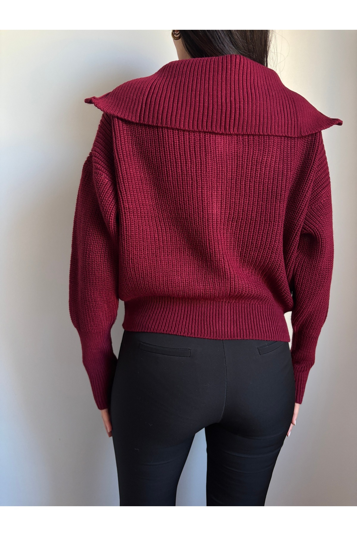 LOTUS CITY  Bordo Devrik Yaka Fermuarlı Triko Hırka - Görsel 8